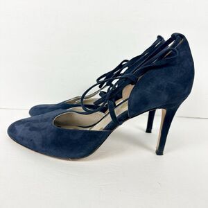 Boden Suede Leather Heels Size 38 US 7 Navy Blue T Strap Bow Tie Detail 3.5 Heel
